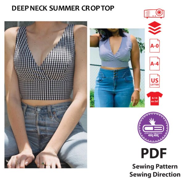 Deep Neck Summer Crop Top PDF Sewing Pattern for beginner sewing | sundress beach dress patterns