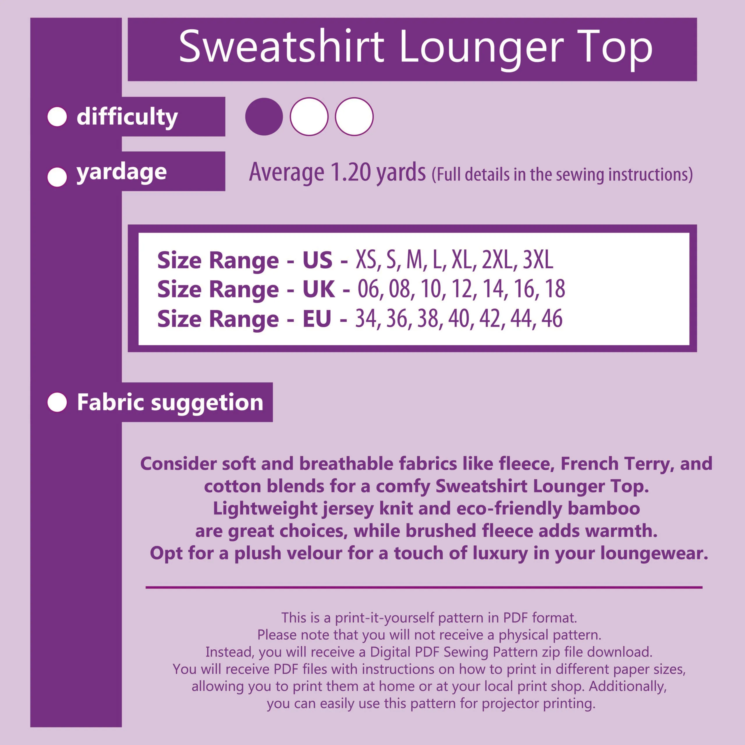 Sweatshirt Lounger Top PDF Sewing Pattern