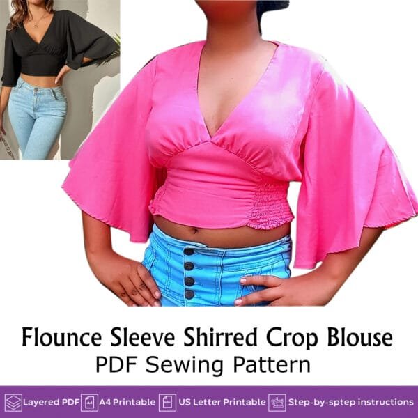 Flounce Sleeve Shirred Crop Blouse PDF Sewing Pattern